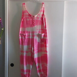 Vintage 90s Contempo Romper Parachute Jumpsuit pink Tie dye Lace up Oversized S